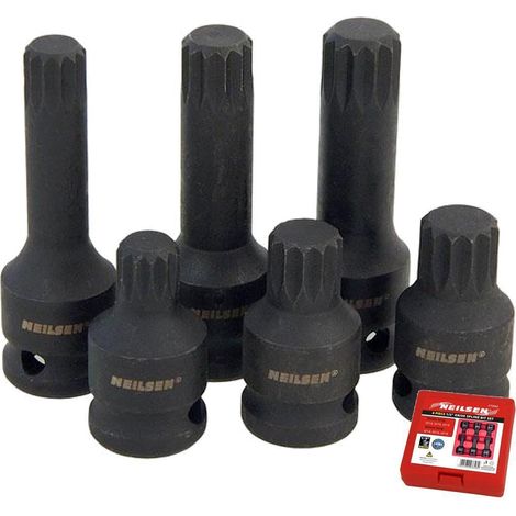 Neilsen 6pc Spline Bit Socket Set 1/2" Drive 45mm 75mm Long Sockets M14 - M18 (1/2)