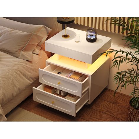 Table de nuit lumineuse LED, meuble de chevet blanc 2 tiroirs + étagère ouverte, rangement chambre, dimensions 50x40x60 cm (1/5)