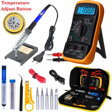 Kit de soldador de 60 W, kit de soldadura eléctrica, temperatura ajustable, multímetro digital, soporte para soldador, bomba desoldadora y bolsa de herramientas portátil de PU (1/5)