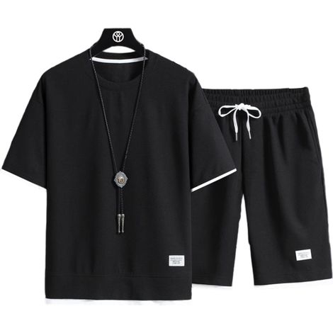 2 pièces Ensemble gaufré, t-shirt et short décontractés, polyvalent sport et détente, coupe ample, confort respirant (1/5)
