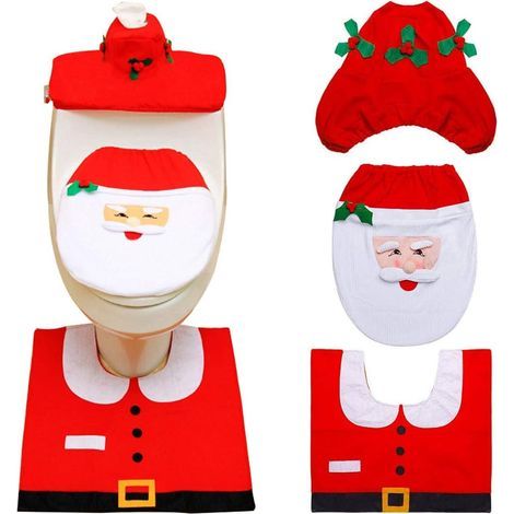 3 pièces Couverture de Siège de Toilette de Noël Décorations Noël Housse pour abattant de WC pour réservoir et Tapis de Salle de Bain Set de décoration,décoration de fête(Père Noël) (1/5)