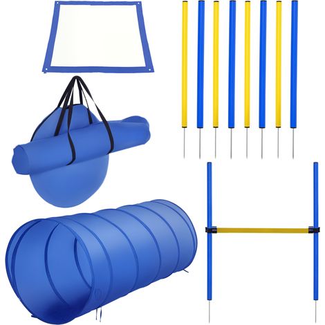 Agility sport pour chiens équipement complet obstacle, tunnel, slalom, zone repos + sac de transport bleu jaune