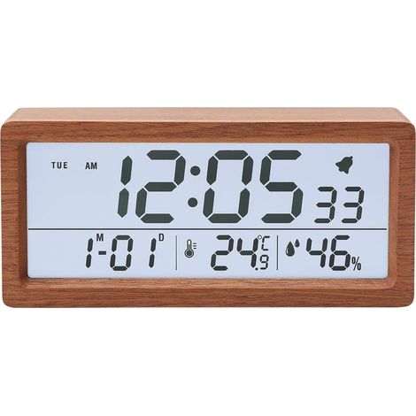 Sveglia digitale in legno con ampio display LCD, orologio da tavolo con display di umidità della temperatura e luce notturna, design in legno alimentato a batteria per la casa (1/5)