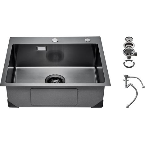 Évier de cuisine 68 cm, évier à montage par le haut en acier inox 304, évier à poser à encastrer cuve simple avec accessoires, évier de lave-vaisselle ménager pour camping-car cuisine bar, noir (1/5)