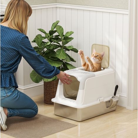 Katzentoilette aus Edelstahl mit Deckel, Front-Eingang und Top-Ausgang OKMYHOME (1/5)
