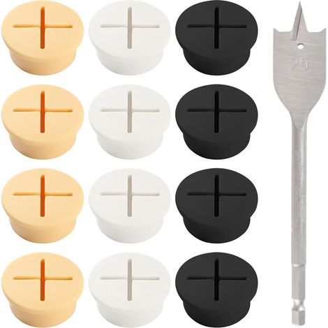 Lot de 12 passecâbles de bureau de 25 mm, en silicone souple, avec perçage, pour mobilier de bureau, noir/blanc/jaune