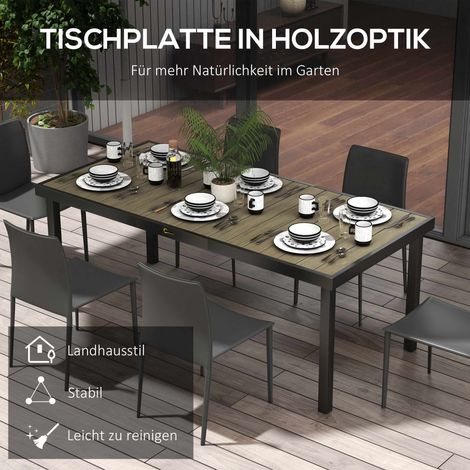 Gartentisch für 8 Personen, wetterfest, Holzoptik, 190 x 90 cm