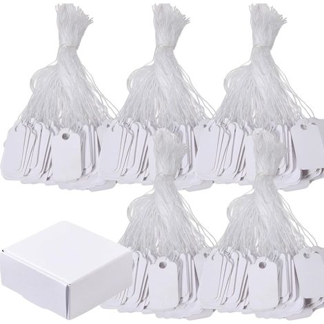 500 etiquetas de precio, 24 x 15 mm, blancas, con cordón y caja blanca, etiquetas de papel en blanco para escribir, para ropa, joyería y regalos.