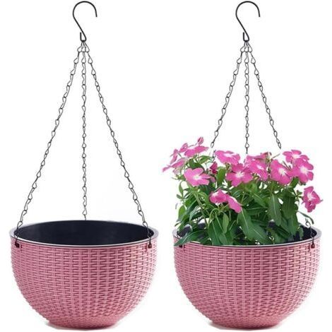 Set of 2 Hanging Flower Pots with Stainless Steel Chain, Indoor and Outdoor Balcony Hanging Flower Pots and Hanging Flower Pots(Caliber 21cm,Pink) (1/4)