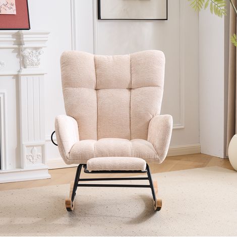 Sedia a dondolo imbottita in chenille beige con schienale alto e poggiapiedi (1/5)