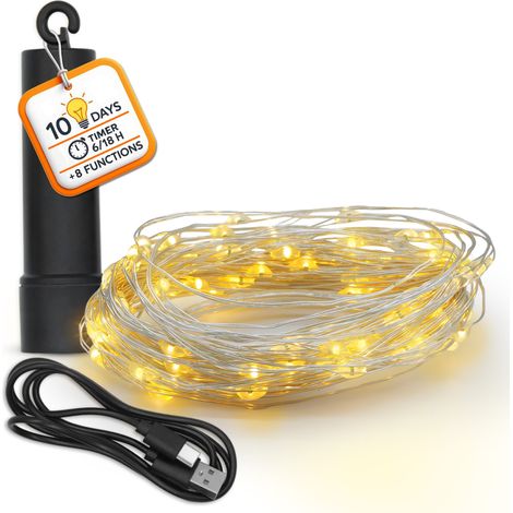 Außen Draht Lichterkette wiederaufladbar 10 m mit Timer - 100 LED - Garten Dekobeleuchtung warm weiß mit 8 Funktionen