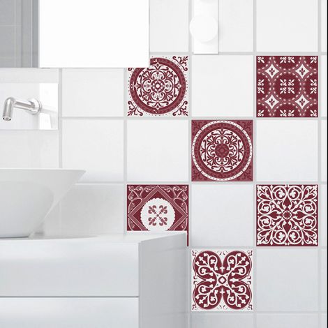 Sticker Carrelage Adhésif 15x15cm x6 - Autocollant Imitation Carreaux de Ciment Ancien Rouge et Blanc Décoratif (1/5)
