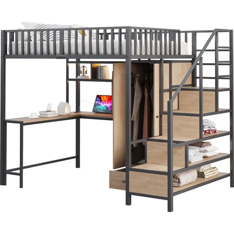 Lit mezzanine 140x200 cm en métal noir avec bureau, armoire, étagères, tiroirs, LED et prises, échelle rangement (1/5)