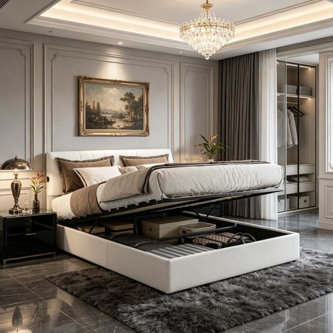 Letto contenitore 160x200 cm beige in tessuto teddy con USB, letto imbottito idraulico, rete a doghe, design moderno