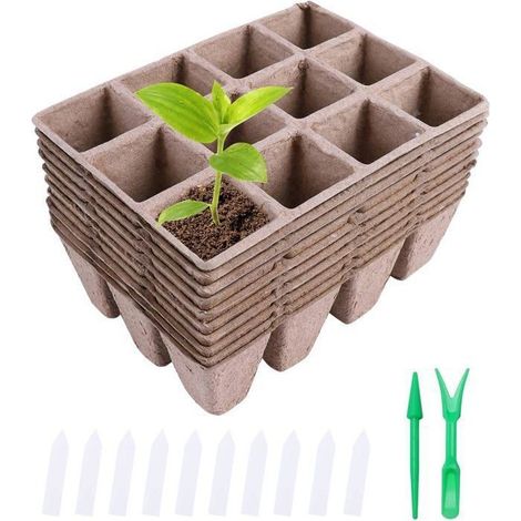 Plateaux de semis biodégradables 10 pcs - 12 alvéoles (16×12×5 cm), pots 4×4×5 cm (1/5)