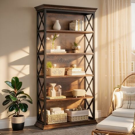 Bibliothèque, étagère sur Pied , Bibliothèque en Bois à 6 étages, Bibliothèque Industriel - 180 x 30 x 80 cm - Brun Vintage (1/5)