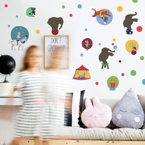 Sticker mural autocollant 48 cm x 68 cm - Monde du Cirque Imaginaire des Animaux avec Souris et Éléphant - Décoration Murale pour Chambre d'Enfant (1/3)