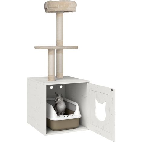 Arbre à Chat avec Maison de Toilettes, Tour de Jeu 2-en-1, Niche pour Chat de 129 cm avec Cache-litière, poteaux à griffer, Plateforme, lit, crème (1/5)