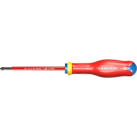 Facom – Tournevis cruciforme Pozidriv PZ1 100 mm – Acier au carbone – Poignée bi-matière – Conforme VDE 1000V