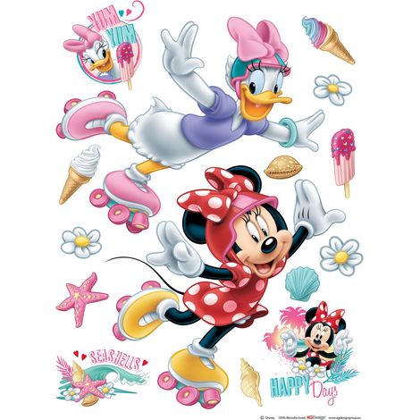 sticker mural Minnie Mouse & Daisy Duck blanc, rose et rouge  - Disney