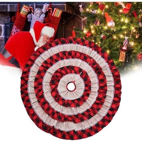 Jupe de sapin de Noël à plis écossais, décoration festive rouge et noire pour ambiance de Noël. (1/5)