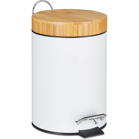 poubelle de salle de bain, 3L, couvercle en bambou, compartiment amovible, récipient déchets, blanc (1/5)
