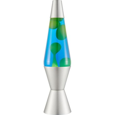 Lampe Lava, cire verte, liquide bleu, socle et capuchon argentés, lampe à mouvement de marque originale de 37CM