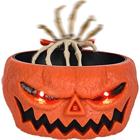 JSSEVN - Halloween-Kürbis-Süßigkeitenschale mit leuchtenden LED-Augen, animierter Kürbis-Süßigkeitenhalter mit gruseliger, beweglicher Skeletthand (1/5)
