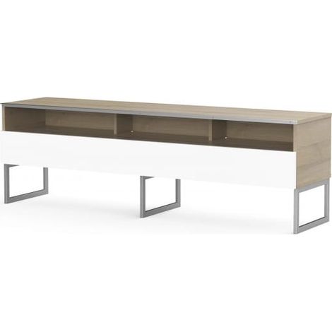 Meuble TV 3 niches 1 porte bois clair et blanc pieds métal Messina 160cm (1/5)