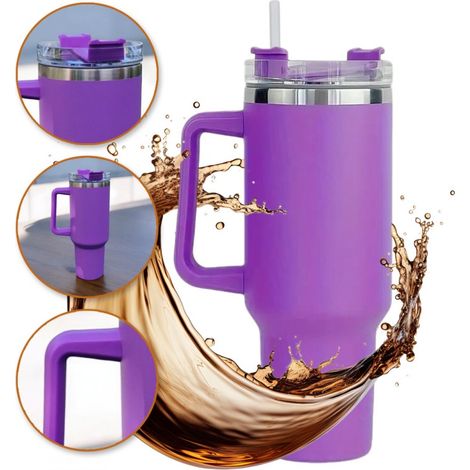 Tazza termica ECARLA con manico e cannuccia, 1000 ml, viola, CUP11 (1/5)