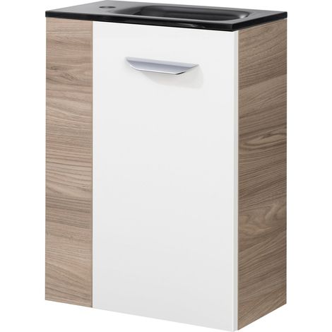 Fackelmann LUXOR SBC Gäste-WC Set 2 Teile – Waschtischunterschrank in Weiß mit Holz Braun mit Waschbecken aus Glas in Anthrazit  – Waschbeckenunterschrank schmal – Türanschlag rechts – 45 cm breit"-"9 (1/4)