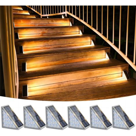 Paquete de 6 luces solares para escaleras, IP67, impermeables, 80 lúmenes, LED para escaleras, jardín, patio, puerta de entrada, porche y terraza (blanco cálido)
