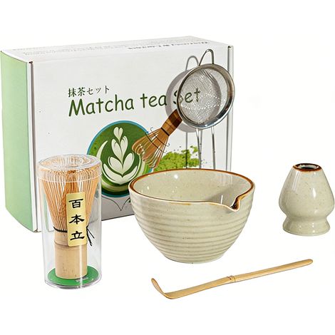 Matcha Tea Set & FJT Ribbed 5-Piece Set with Pouring Spout (Grey) — (White Gift Box)