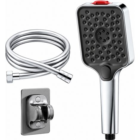 Ensemble de douchette carrée argentée, 3 modes, autonettoyant, anticalcaire, haute pression + flexible PVC renforcé de 2 mètres + support
