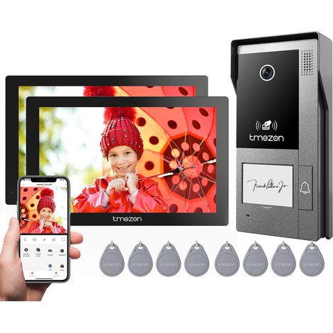 Visiophone connecté WiFi, Interphone Vidéo Filaire 2 Fils avec Deux moniteurs,Ecran Tactile Couleur 7", 1080P Sonnette Vision Nocturne, APP Déverrouillage à Distance,Une Famille (1/5)