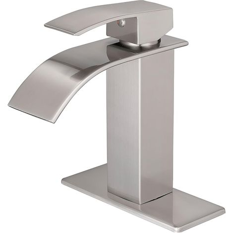 Miscelatore per lavabo color argento, Elindor® a cascata, rubinetto moderno, monocomando per bagno e cucina, acciaio inossidabile, montaggio su lavabo, getto ampio, design elegante e multifunzionale p (1/5)