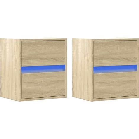 Set di 2 comodini da parete con luci a LED, in legno ingegnerizzato, colore rovere DEC036146