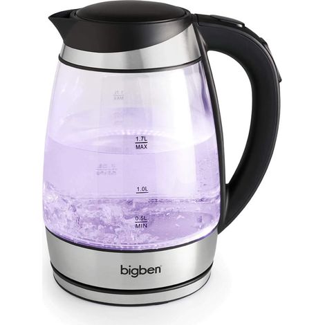BigBen Bouilloire Électrique Verre 1,7L - 5 Températures Réglables 50-100°C - LED Multicolore - Filtre Anticalcaire - Base 360° - 2200W - K683 (1/5)
