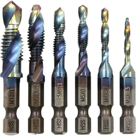 Lot de 6 forets et tarauds combinés à queue hexagonale M3, M4, M5, M6, M8 et M10, faciles à utiliser et portables-HSS 4341 Blue (1/5)
