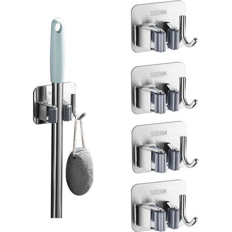 Accroche Balai Mural 5 Pièces, Porte Balais Mural sans Percage, Support Balais Mural Adhesif avec Crochet, Range Balai Acier Inoxydable, Porte Outils Mural pour Cuisine, Garage, Jardin, Salle de Bain (1/2)