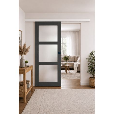 Porte Coulissante Blakeria Vitrée Ral7016 H204 X L73 + Rail Alu Bandeau Blanc Et 2 Coquilles Noir (1/3)