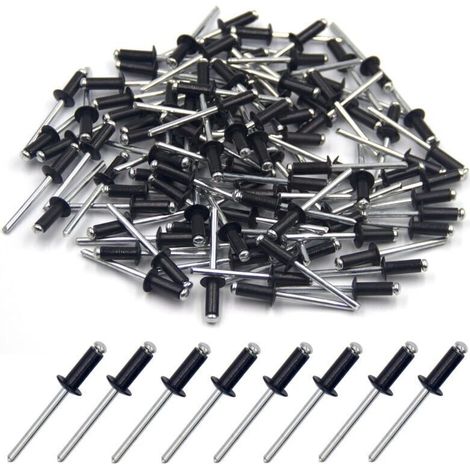 100 pièces de rivets aveugles en aluminium 4.8 x 12mm, rivets à bout ouvert, rivets pop, paquet de 100 (Noir) (1/4)