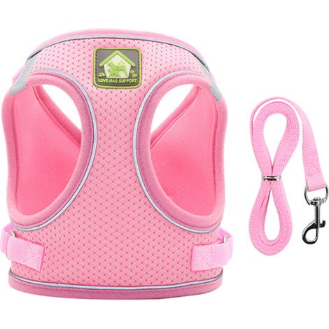 Ensemble harnais et laisse pour chien, gilet en maille réfléchissante et réglable pour promenades en extérieur (rose)