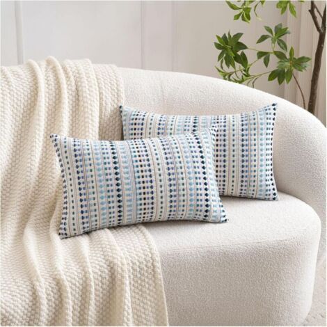 Housses de coussin décoratives bohèmes 30 x 50 cm, style campagnard neutre pour canapé, lit, salon, lot de 2 taies d'oreiller texturées en coton rayé bleu (1/4)
