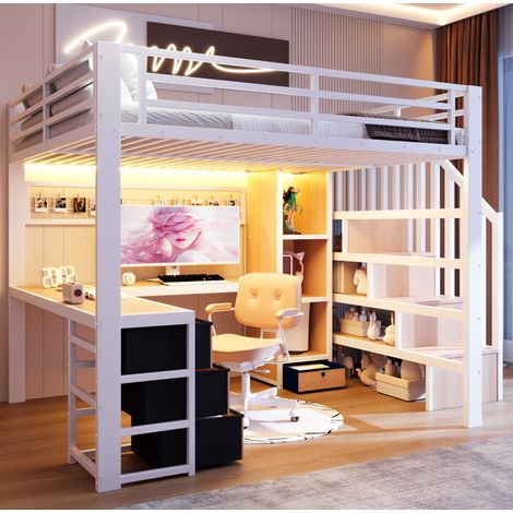 Letto a soppalco 140x200 cm bianco in metallo e MDF con scrivania, LED e 4 cassetti (1/5)