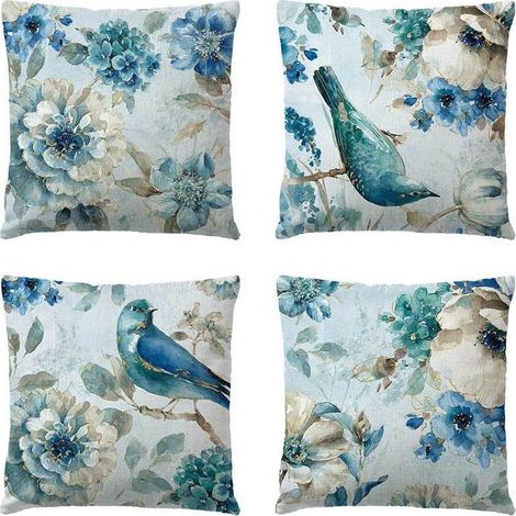 Juego de 4 fundas de cojín de algodón con estampado de pájaros y flores azules para sofá o sillón. Fundas de almohada decorativas de 45 x 45 cm. (1/5)