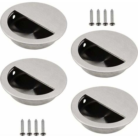 Lot de 4 Poignées Encastrables en Acier Inoxydable Argenté Poignée de Porte Coulissante Ronde Ø50mm avec un Trou Demi-Circulaire de 40 x 20mm Facile à Tirer - pour Porte Coulissante ou Autres Meubles (1/5)