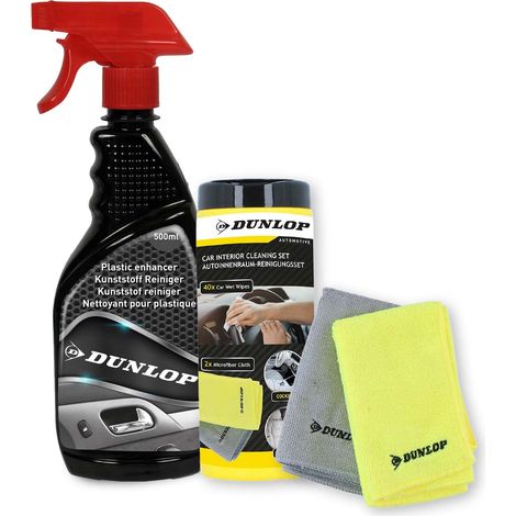 Pack Nettoyant Plastique 500ml et Chiffon Microfibre DUNLOP - Rénovateur Voiture Intérieur Extérieur, Restaure Brillance