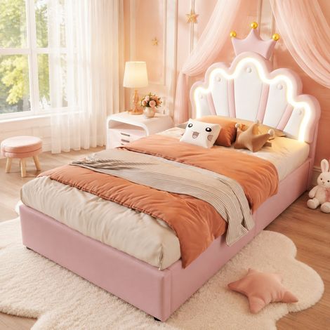 Letto contenitore singolo 90x200 cm, con sollevamento idraulico, LED, testiera regolabile, in PU rosa, senza materasso (1/5)