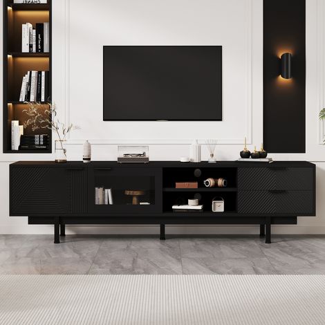 Meuble TV moderne 200x40x50,5 cm - avec 2 portes et 2 tiroirs - étagères de rangement - pour téléviseurs jusqu'à 80 pouces - noir (1/5)